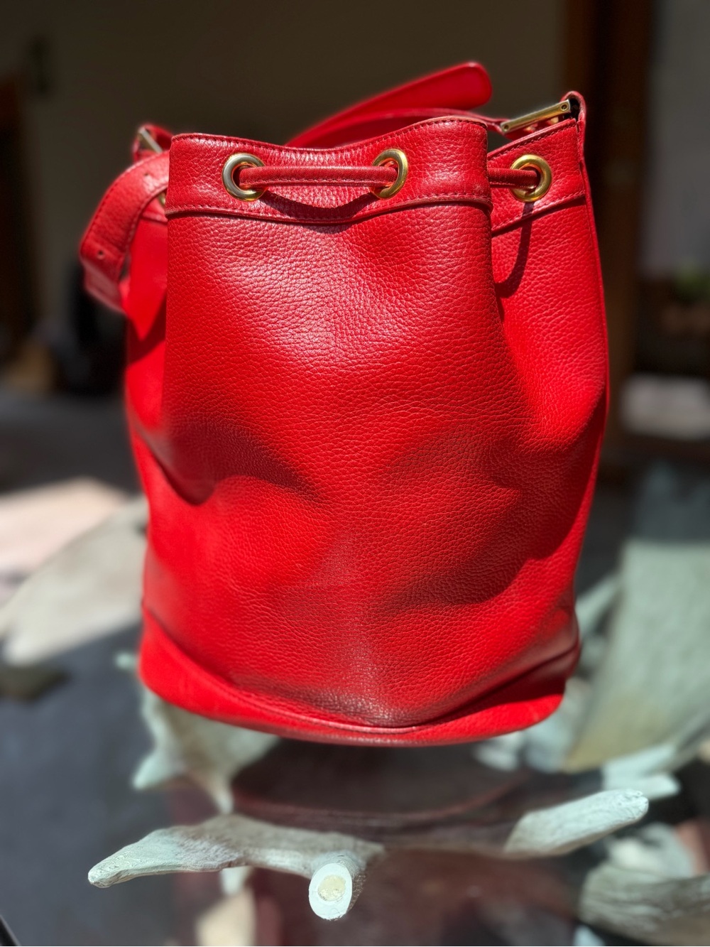 MCM Red Leather Drawstring Bucket Crossbody Bag Gold Hardware EUC Dust bag - Picture 6 of 15